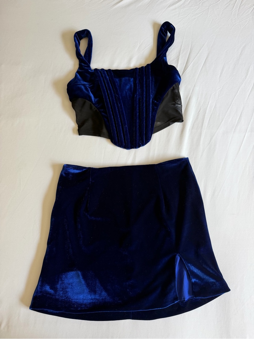 Rumored Eighteenth Century Velvet Blue Black Mesh Corset Tank Mini Skirt Set
